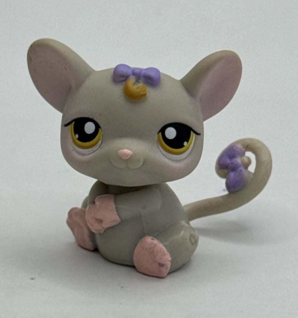 Littlest Pet Shop LPS No. 116 Gray Mouse Rat Figure Purple Bow & Yellow Eyes